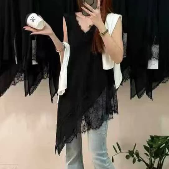 주문 재고 있음 화이트 디자인 센스 V넥 레이스 조각 조끼 여성 봄 여름 Chic 외출용 맨위 상세 이미지 2