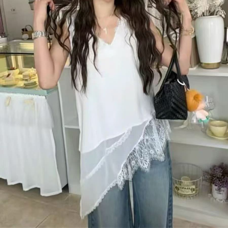 주문 재고 있음 화이트 디자인 센스 V넥 레이스 조각 조끼 여성 봄 여름 Chic 외출용 맨위 상세 이미지 6