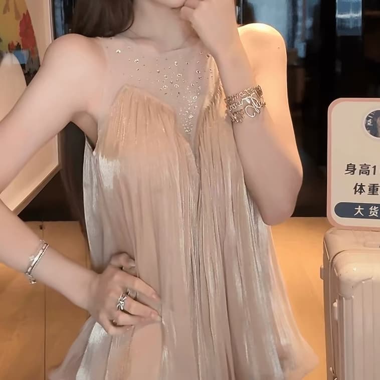 주문 재고 있음 빅 사이즈 여성 의류 프랑스식 망사 핫픽스 패치워크 쉬폰 블라우스 조끼 여름 새로운 민소매 슬림해 보이는 맨위 상세 이미지 6