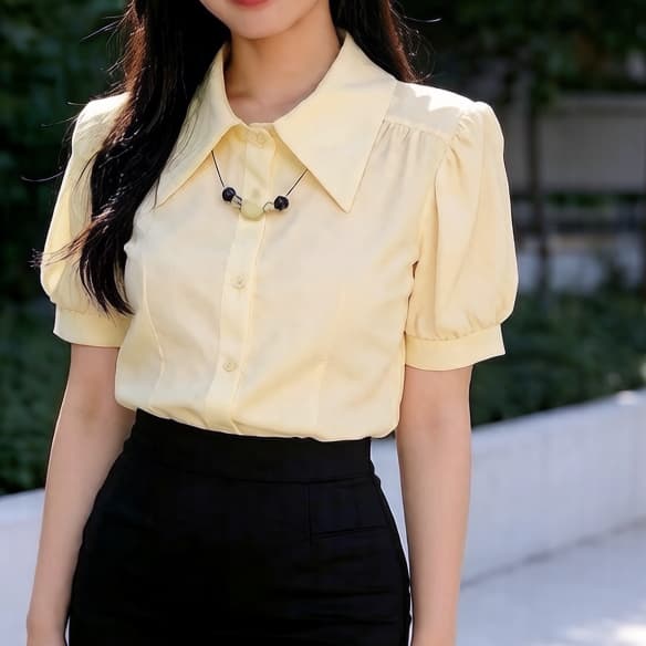 주문 재고 있음 여름 폴로 칼라 셔츠 여성용 짧은 소매 얇고 가벼운 슬림해 보이는 출퇴근 다용도 거품 소매 쉬폰 화이트 셔츠 이미지 2