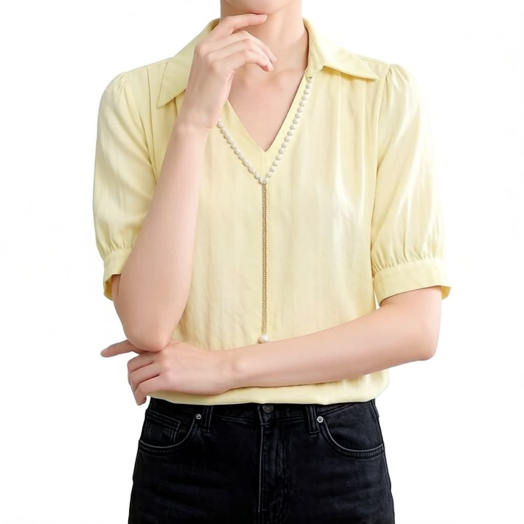 주문 재고 있음 목걸이 V넥 반팔 셔츠 여성 의류 여름 품격 경력 워크웨어 루즈핏 슬림해 보이는 셔츠 맨위