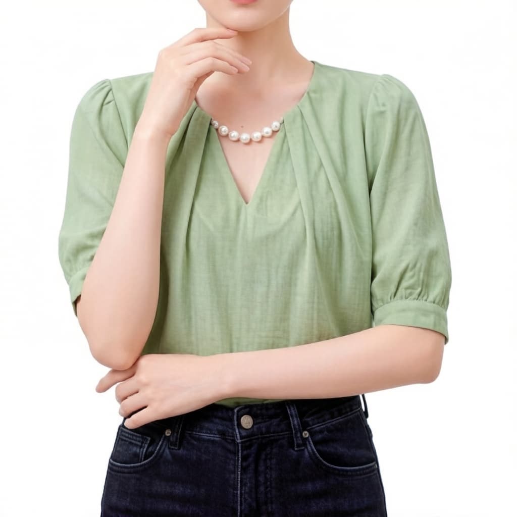 주문 재고 있음 품격 작은 셔츠 세련된 V넥 반팔 여성 셔츠 진주 목걸이 거품 소매 여름 쉬폰 톱 이미지 4