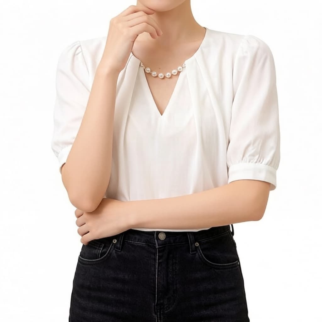 주문 재고 있음 품격 작은 셔츠 세련된 V넥 반팔 여성 셔츠 진주 목걸이 거품 소매 여름 쉬폰 톱 상세 이미지 8