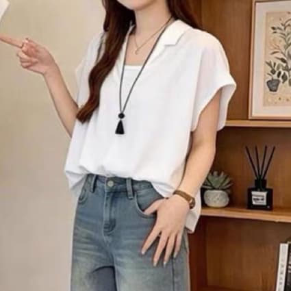 주문 재고 있음 고급 센스 페이크 레이어드 반팔 셔츠 여성 여름 루즈핏 슬림해 보이는 얇은 스타일 고유 한 아름다운 맨위 이미지 2