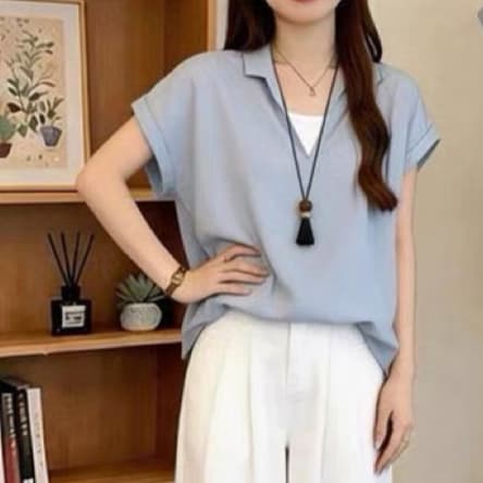주문 재고 있음 고급 센스 페이크 레이어드 반팔 셔츠 여성 여름 루즈핏 슬림해 보이는 얇은 스타일 고유 한 아름다운 맨위