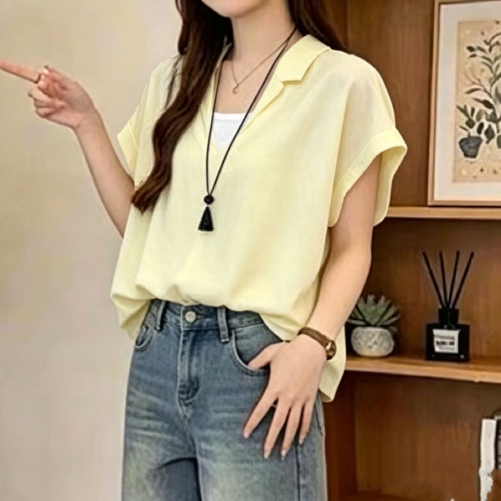 주문 재고 있음 고급 센스 페이크 레이어드 반팔 셔츠 여성 여름 루즈핏 슬림해 보이는 얇은 스타일 고유 한 아름다운 맨위 상세 이미지 4