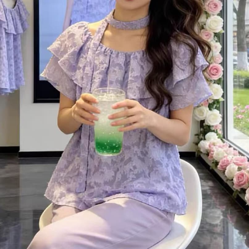 주문 재고 있음 패션 품격 단색 반팔 셔츠 여름 새로운 프랑스식 프릴 오프숄더 자카드 맨위 트렌디 이미지 2