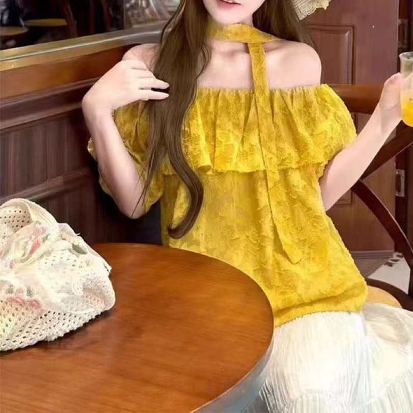 주문 재고 있음 패션 품격 단색 반팔 셔츠 여름 새로운 프랑스식 프릴 오프숄더 자카드 맨위 트렌디 상세 이미지 7