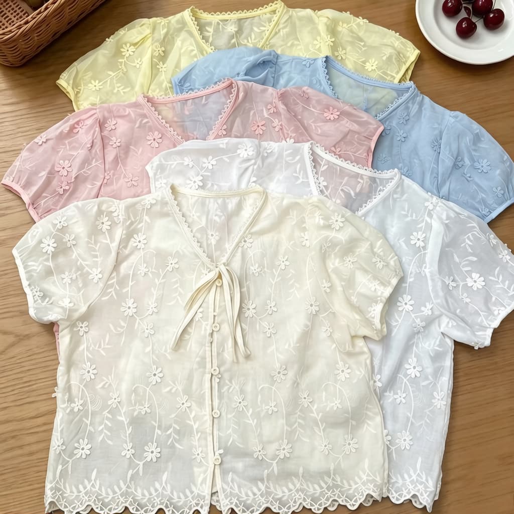 주문 재고 있음 여름 새로운 자수 꽃 맨위 레이스업 한 부서 부드러운 패션 루즈핏 슬림해 보이는 반팔 셔츠 상세 이미지 1