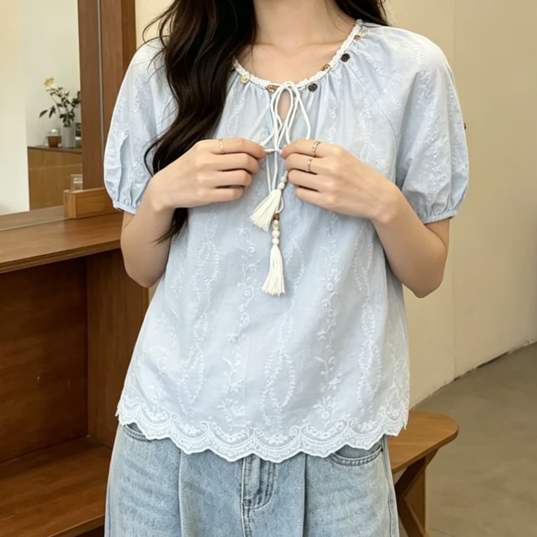 주문 재고 있음 휴가 바람 조개 술 레이스업 반팔 여성 셔츠 여름 디자인 센스 루즈핏 자수 작은 셔츠 맨위