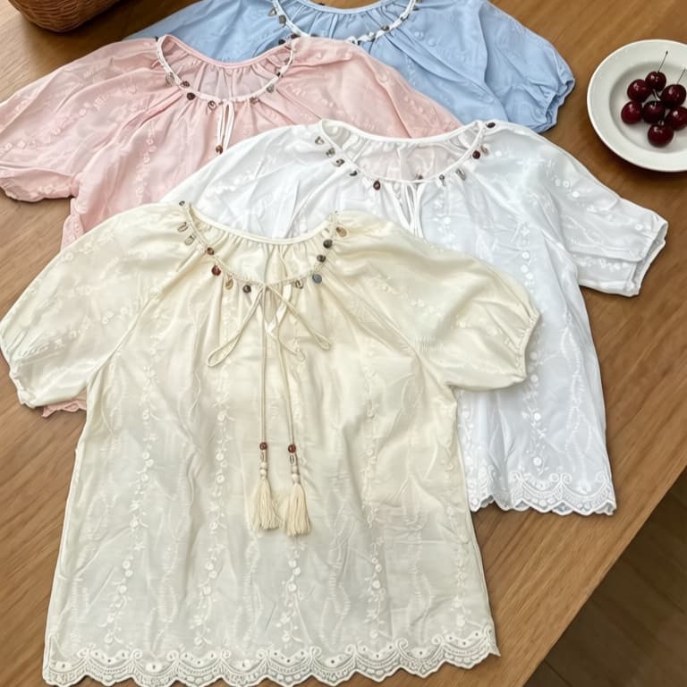 주문 재고 있음 휴가 바람 조개 술 레이스업 반팔 여성 셔츠 여름 디자인 센스 루즈핏 자수 작은 셔츠 맨위 상세 이미지 1