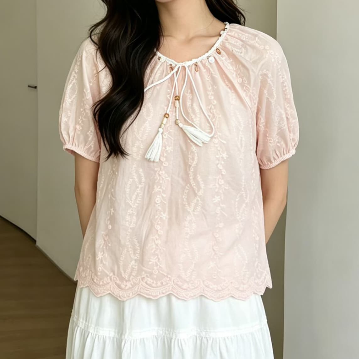 주문 재고 있음 휴가 바람 조개 술 레이스업 반팔 여성 셔츠 여름 디자인 센스 루즈핏 자수 작은 셔츠 맨위 상세 이미지 2