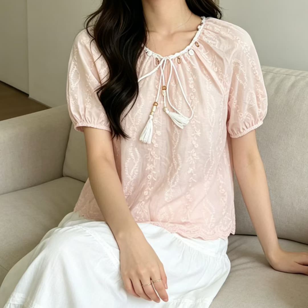 주문 재고 있음 휴가 바람 조개 술 레이스업 반팔 여성 셔츠 여름 디자인 센스 루즈핏 자수 작은 셔츠 맨위 상세 이미지 3