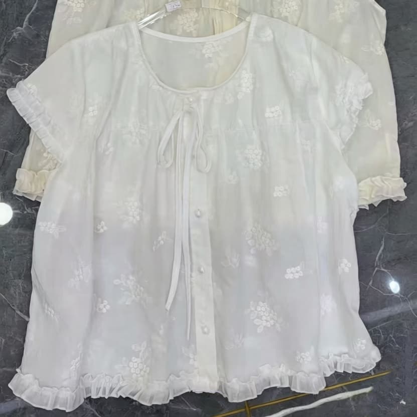 주문 재고 있음 한 부서 품격 자수 V넥 반팔 여성 셔츠 달콤함 연령 감소 다용도 레이스업 작은 키 맨위 상세 이미지 1