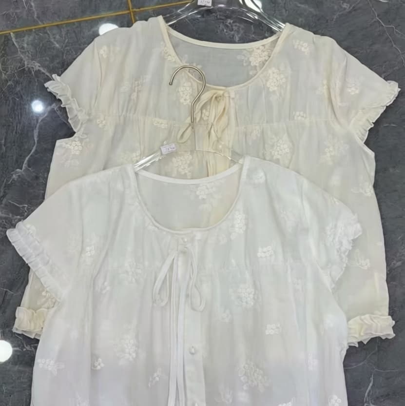 주문 재고 있음 한 부서 품격 자수 V넥 반팔 여성 셔츠 달콤함 연령 감소 다용도 레이스업 작은 키 맨위 상세 이미지 2