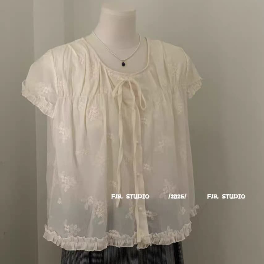 주문 재고 있음 한 부서 품격 자수 V넥 반팔 여성 셔츠 달콤함 연령 감소 다용도 레이스업 작은 키 맨위 상세 이미지 4