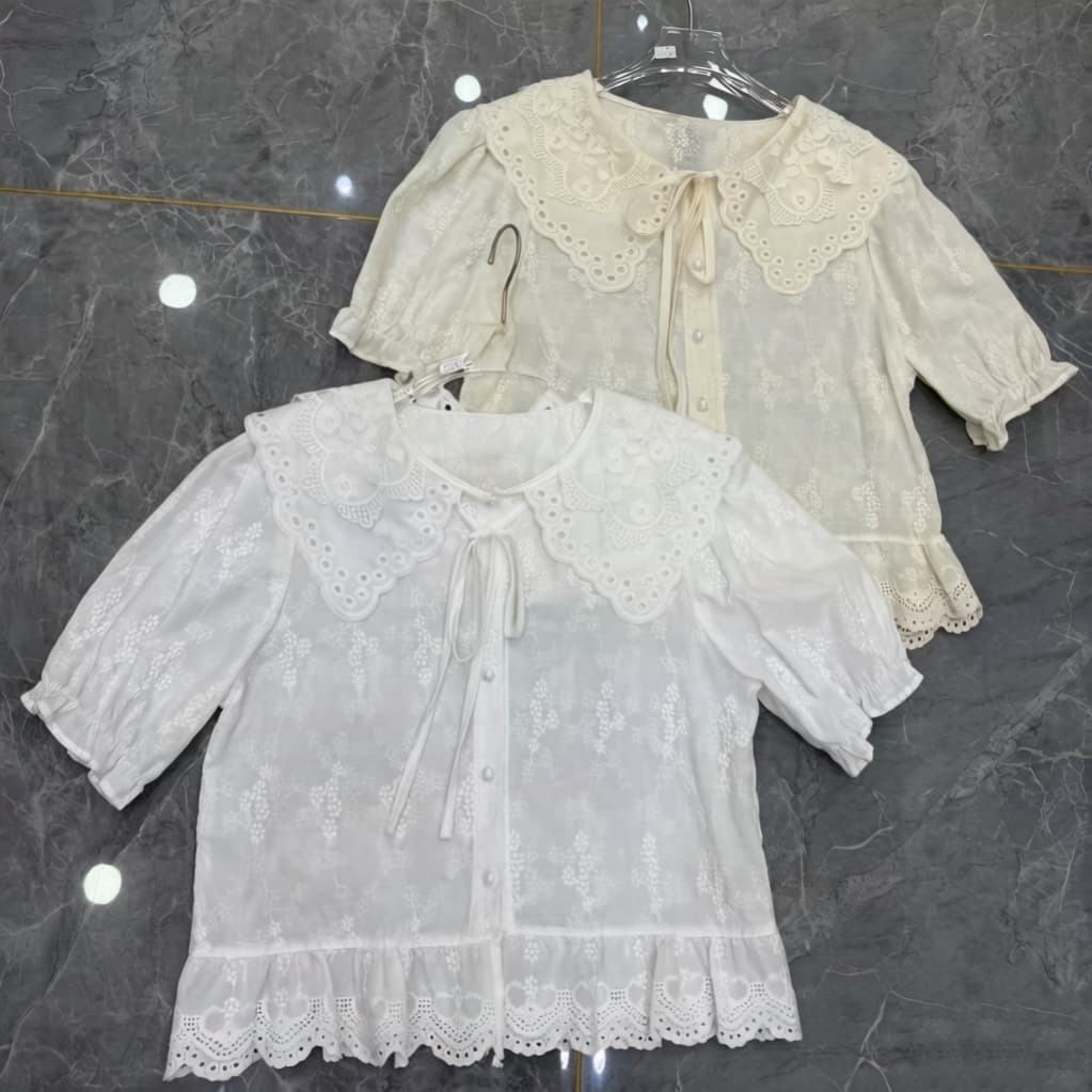 주문 재고 있음 여름 프랑스식 달콤함 베이비 칼라 레이스 셔츠 여성 화이트 반팔 프릴 레이스업 자수 맨위 상세 이미지 1