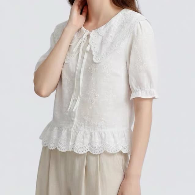 주문 재고 있음 여름 프랑스식 달콤함 베이비 칼라 레이스 셔츠 여성 화이트 반팔 프릴 레이스업 자수 맨위 상세 이미지 2