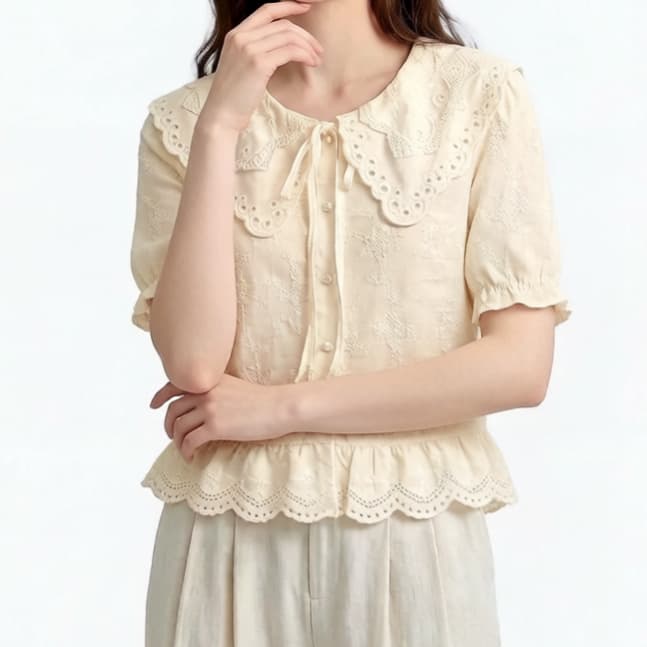 주문 재고 있음 여름 프랑스식 달콤함 베이비 칼라 레이스 셔츠 여성 화이트 반팔 프릴 레이스업 자수 맨위 상세 이미지 7
