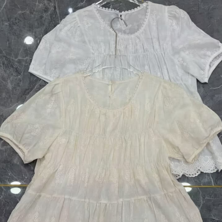 주문 재고 있음 한국 스타일 레이스 레이스 버블 반팔 셔츠 여름 새로운 Chic 라운드 넥 인형 셔츠 치마 맨위 상세 이미지 1