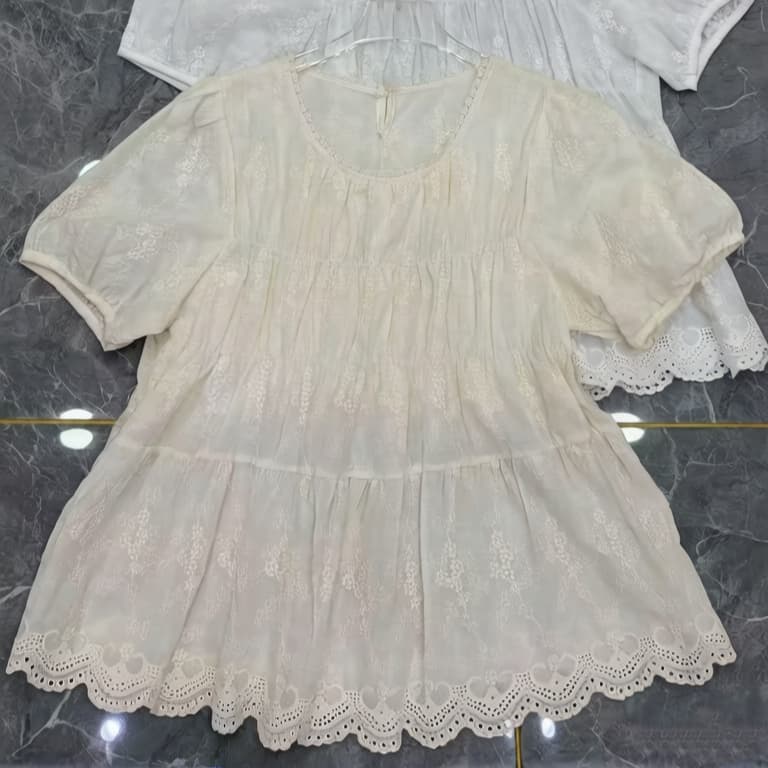주문 재고 있음 한국 스타일 레이스 레이스 버블 반팔 셔츠 여름 새로운 Chic 라운드 넥 인형 셔츠 치마 맨위 상세 이미지 2