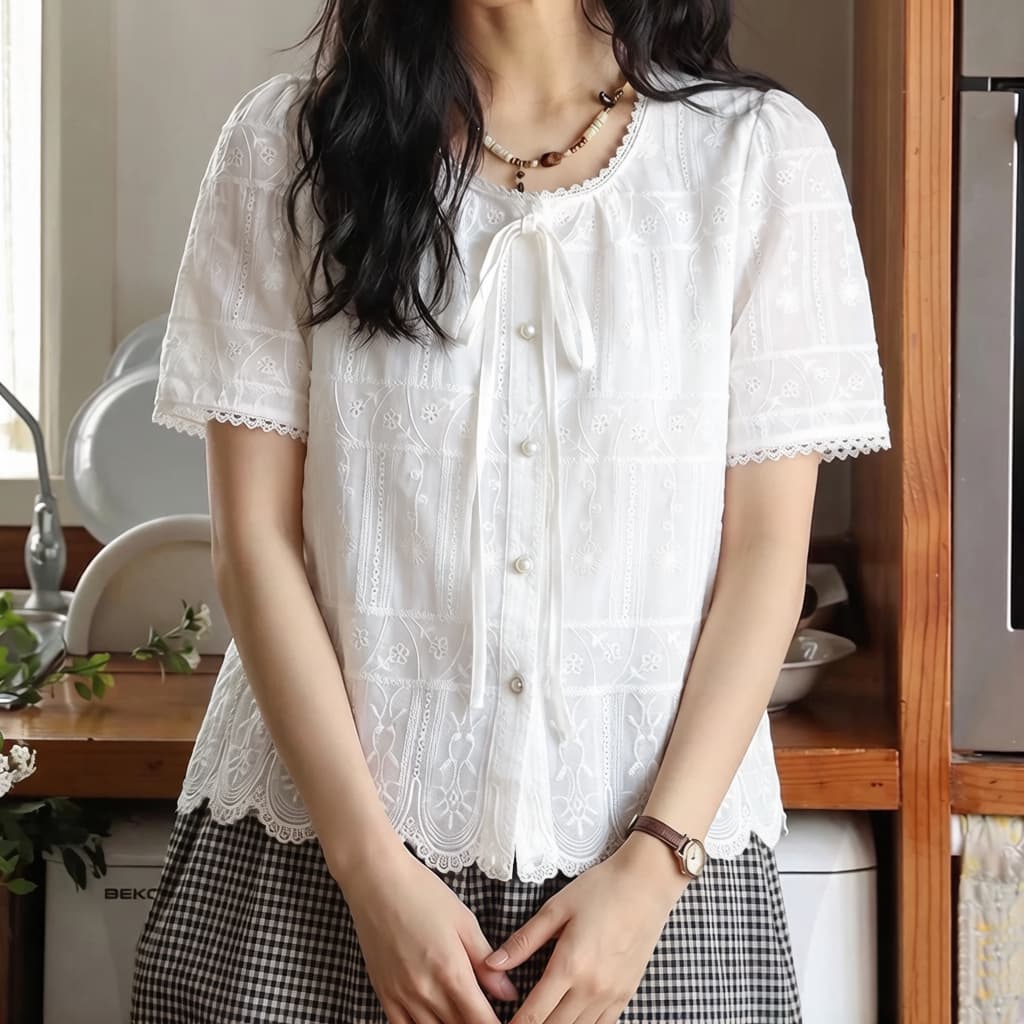 주문 재고 있음 프랑스식 낭만주의 레이스 레이스 반팔 여성 셔츠 여름 나비 넥타이 라운드 넥 Chic 맨위 이미지 4