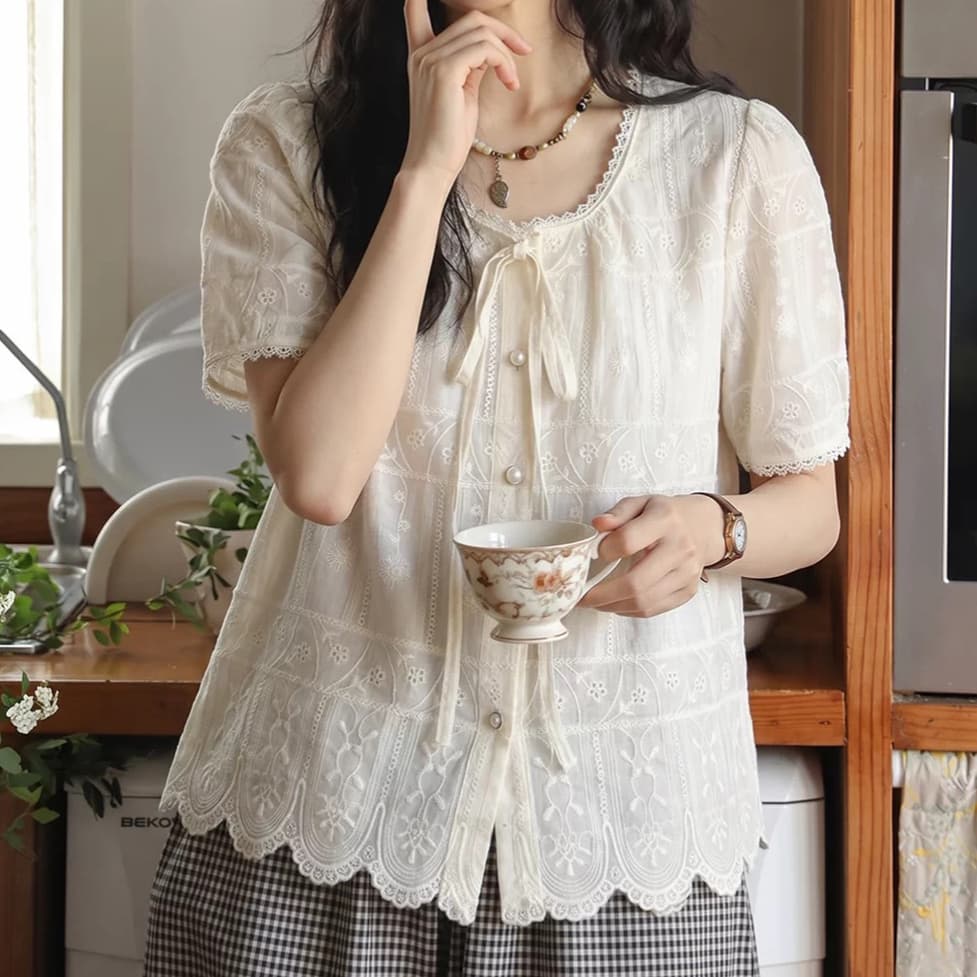 주문 재고 있음 프랑스식 낭만주의 레이스 레이스 반팔 여성 셔츠 여름 나비 넥타이 라운드 넥 Chic 맨위 상세 이미지 5