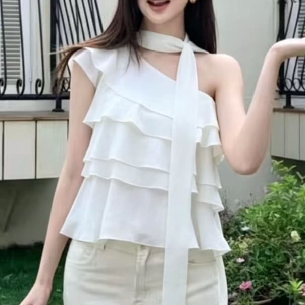 주문 재고 있음 한국 동대문 여름 문예 새로운 품격 쉬폰 블라우스 다용도 한 부서 달콤함 프릴 맨위 이미지 2