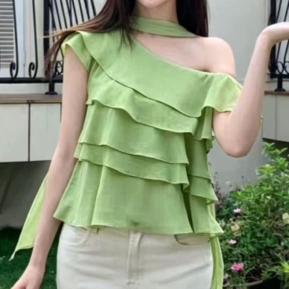 주문 재고 있음 한국 동대문 여름 문예 새로운 품격 쉬폰 블라우스 다용도 한 부서 달콤함 프릴 맨위 이미지 4