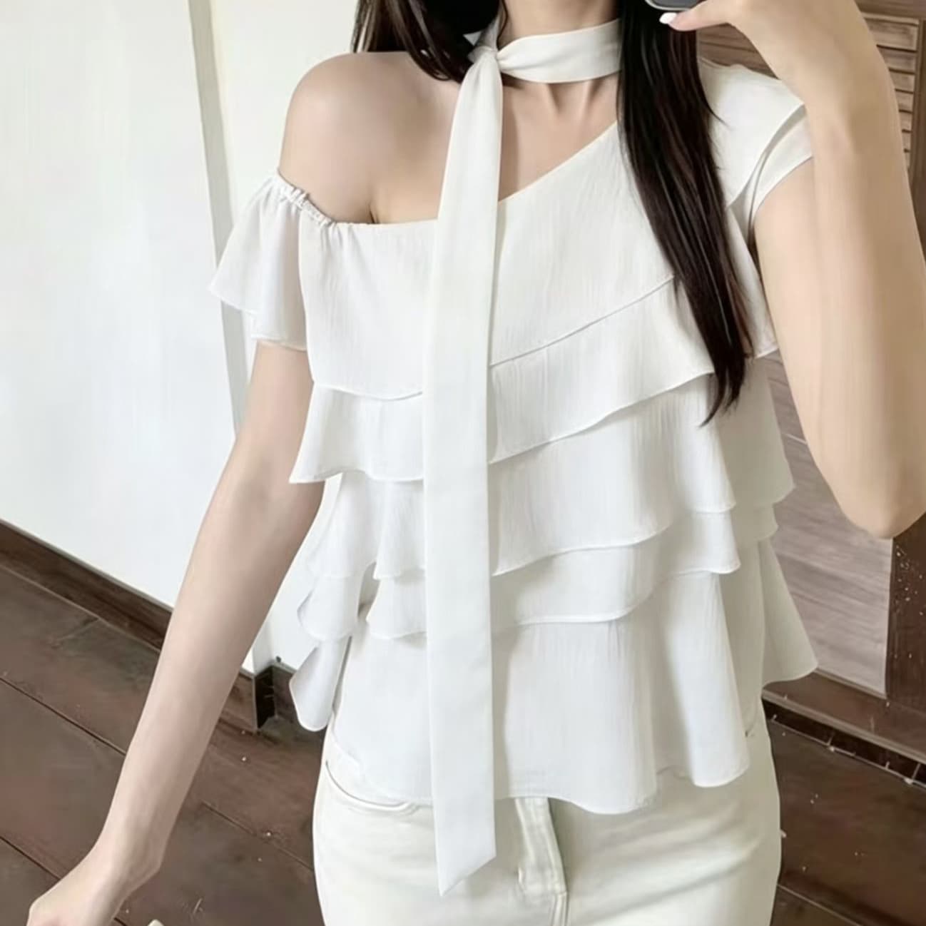 주문 재고 있음 한국 동대문 여름 문예 새로운 품격 쉬폰 블라우스 다용도 한 부서 달콤함 프릴 맨위 상세 이미지 3