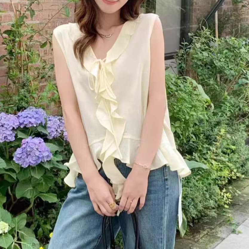 주문 재고 있음 프릴 레이스업 V넥 민소매 조끼 여성 셔츠 여름 달콤함 연령 감소 쉬폰 블라우스 루즈핏 맨위 이미지 3