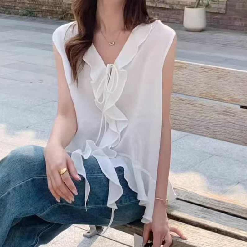 주문 재고 있음 프릴 레이스업 V넥 민소매 조끼 여성 셔츠 여름 달콤함 연령 감소 쉬폰 블라우스 루즈핏 맨위 상세 이미지 3
