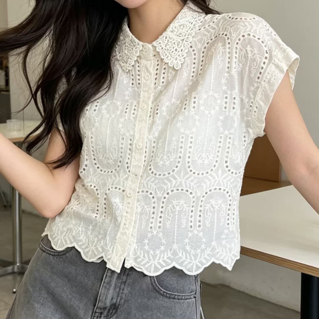 주문 재고 있음 유럽 상품 폴로 칼라 홀로우 아웃 자수 민소매 셔츠 여름 패션 다용도 루즈핏 캐주얼 맨위 이미지 2