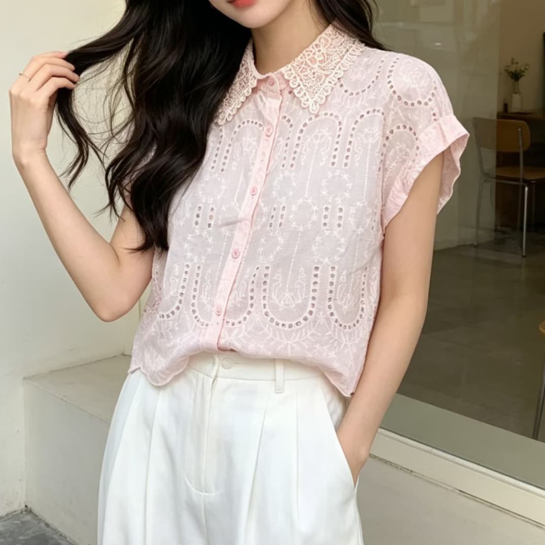 주문 재고 있음 유럽 상품 폴로 칼라 홀로우 아웃 자수 민소매 셔츠 여름 패션 다용도 루즈핏 캐주얼 맨위 이미지 3