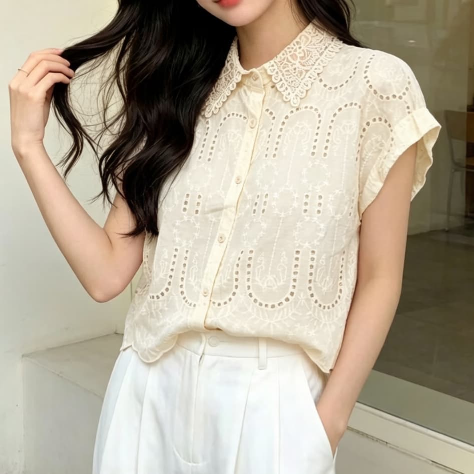 주문 재고 있음 유럽 상품 폴로 칼라 홀로우 아웃 자수 민소매 셔츠 여름 패션 다용도 루즈핏 캐주얼 맨위 이미지 4