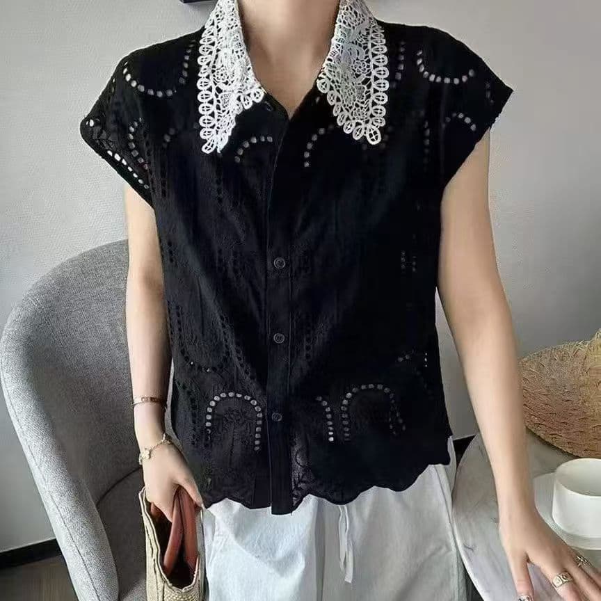 주문 재고 있음 유럽 상품 폴로 칼라 홀로우 아웃 자수 민소매 셔츠 여름 패션 다용도 루즈핏 캐주얼 맨위 상세 이미지 2