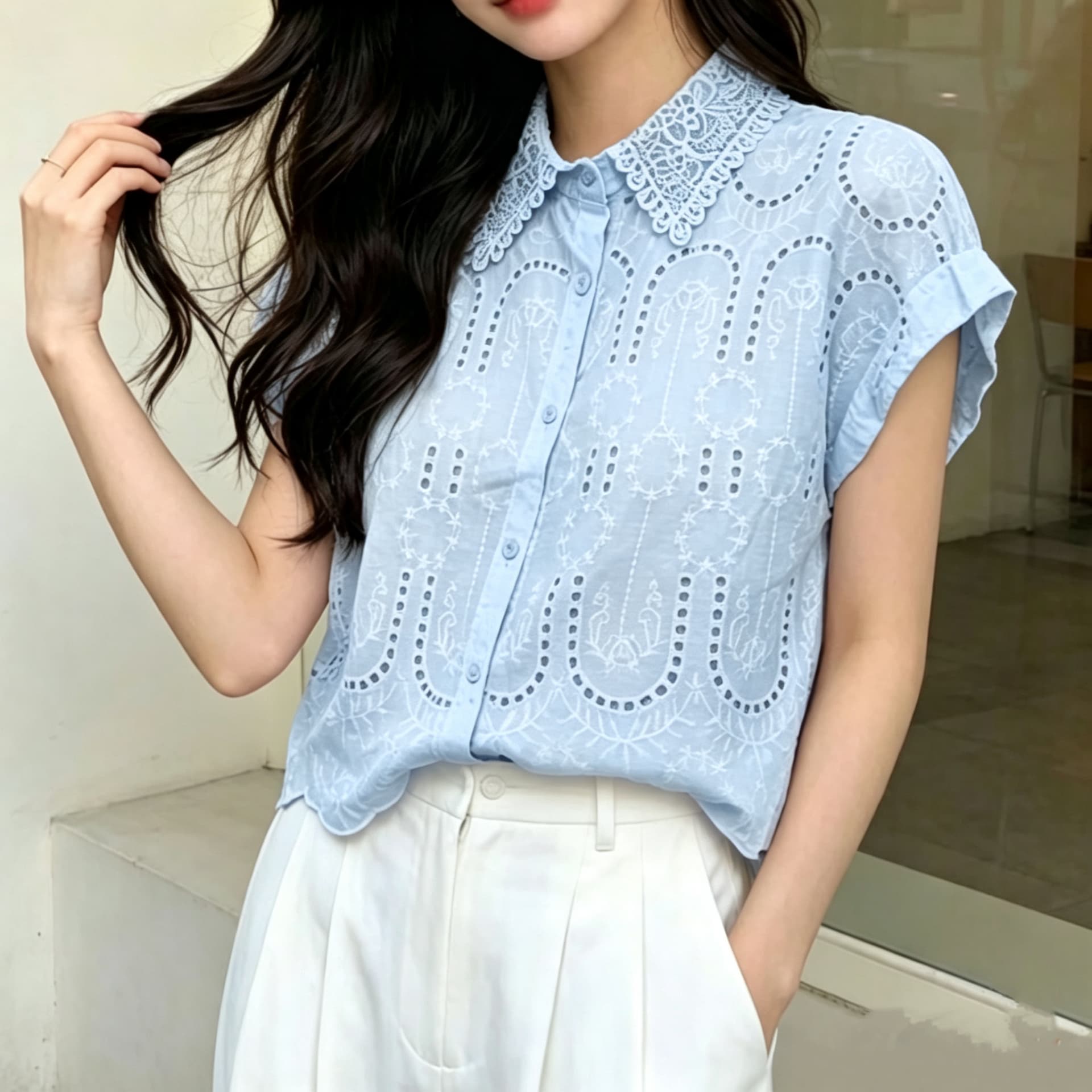 주문 재고 있음 유럽 상품 폴로 칼라 홀로우 아웃 자수 민소매 셔츠 여름 패션 다용도 루즈핏 캐주얼 맨위 상세 이미지 7