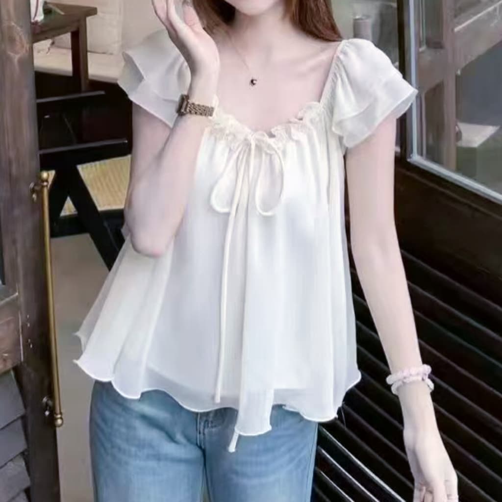 주문 재고 있음 한 부서 3 차원 레이스 오프숄더 Feifei 소매 맨위 여성 여름 레이스업 품격 쉬폰 작은 셔츠 이미지 3