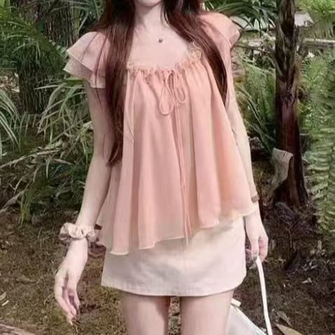주문 재고 있음 한 부서 3 차원 레이스 오프숄더 Feifei 소매 맨위 여성 여름 레이스업 품격 쉬폰 작은 셔츠 상세 이미지 3
