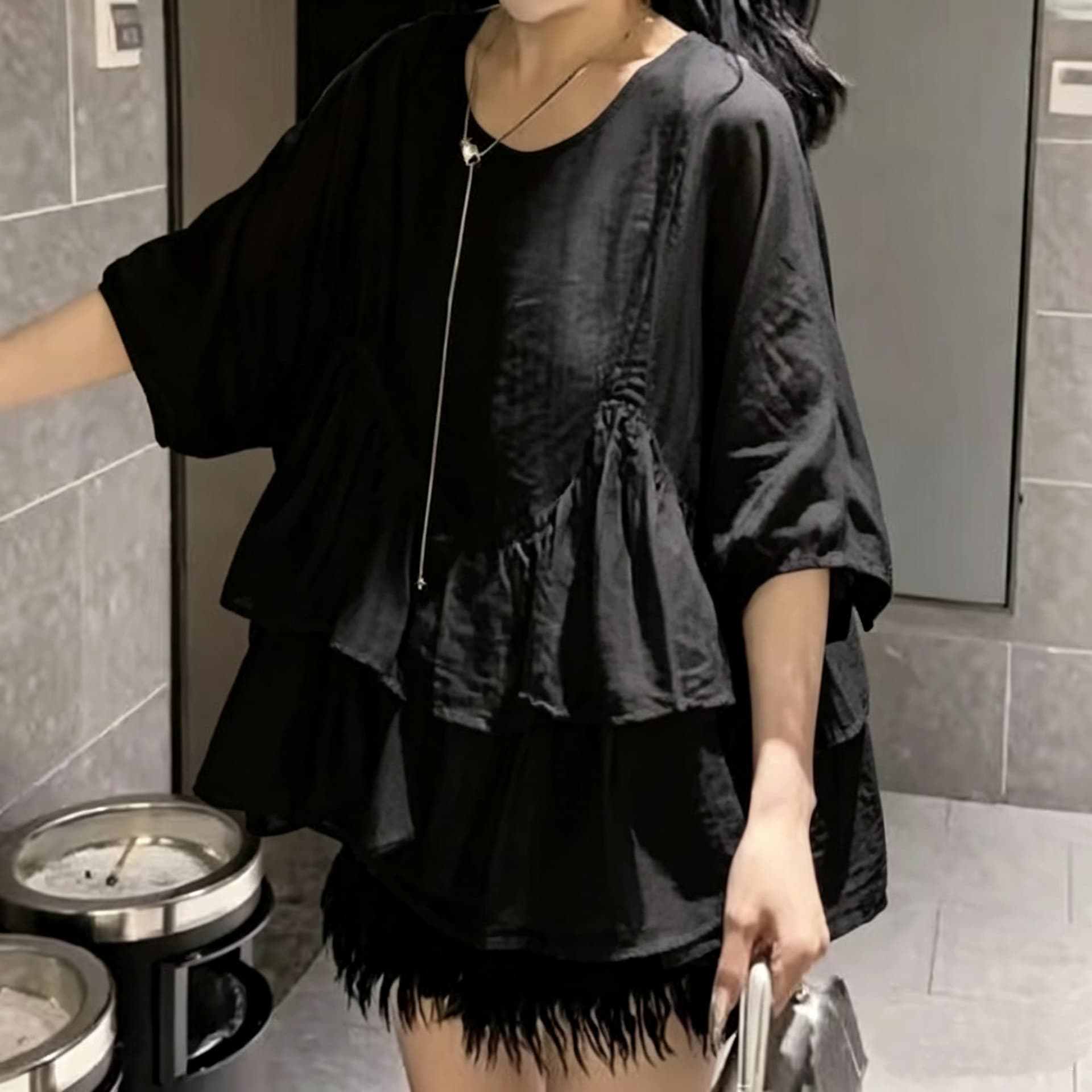 재고 있음 빅 사이즈 프랑스식 프릴 5 점 소매 셔츠 여름 지방 mm 한 부서 광장 칼라 루즈핏 인형 셔츠 쉬폰 톱 이미지 4