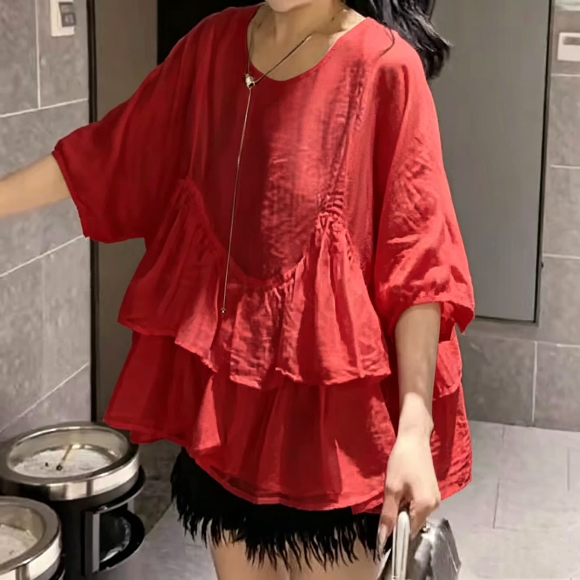 재고 있음 빅 사이즈 프랑스식 프릴 5 점 소매 셔츠 여름 지방 mm 한 부서 광장 칼라 루즈핏 인형 셔츠 쉬폰 톱 이미지 2