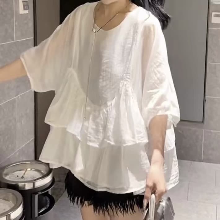 재고 있음 빅 사이즈 프랑스식 프릴 5 점 소매 셔츠 여름 지방 mm 한 부서 광장 칼라 루즈핏 인형 셔츠 쉬폰 톱