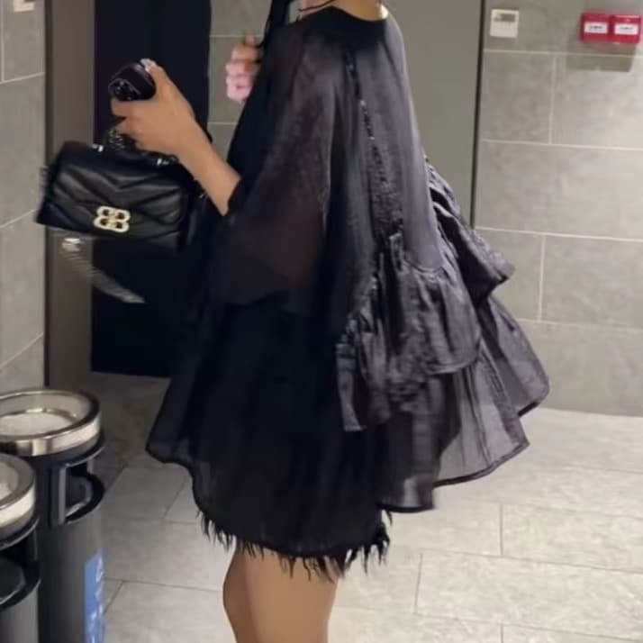 재고 있음 빅 사이즈 프랑스식 프릴 5 점 소매 셔츠 여름 지방 mm 한 부서 광장 칼라 루즈핏 인형 셔츠 쉬폰 톱 상세 이미지 5