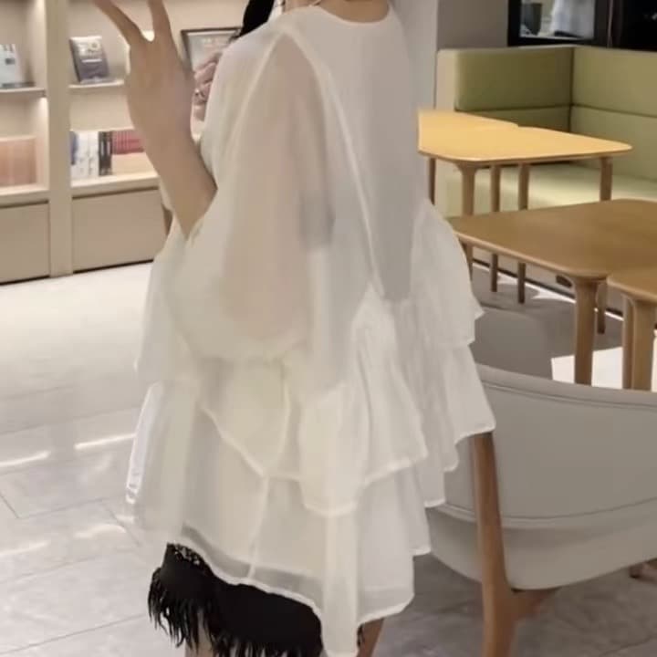 재고 있음 빅 사이즈 프랑스식 프릴 5 점 소매 셔츠 여름 지방 mm 한 부서 광장 칼라 루즈핏 인형 셔츠 쉬폰 톱 상세 이미지 7