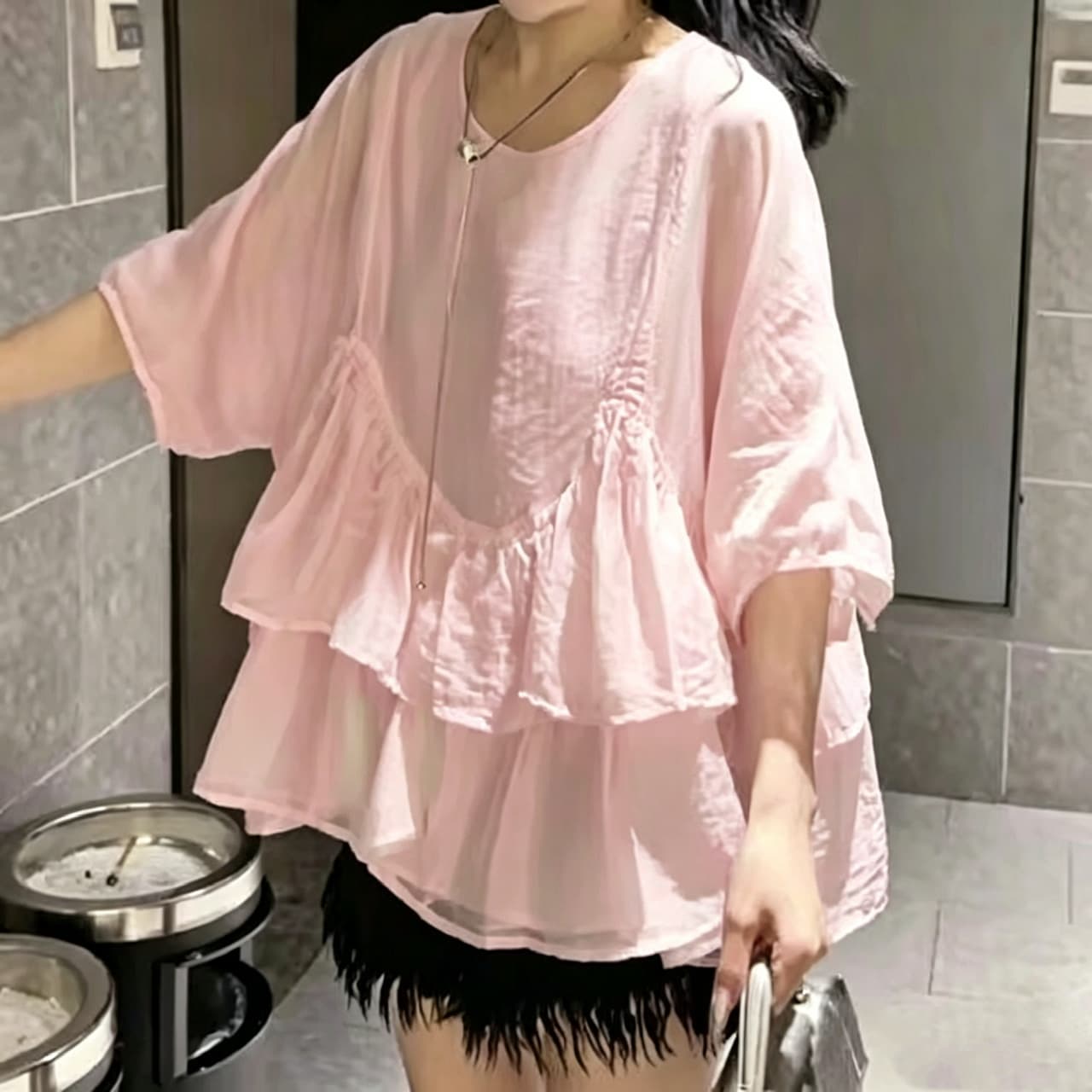 재고 있음 빅 사이즈 프랑스식 프릴 5 점 소매 셔츠 여름 지방 mm 한 부서 광장 칼라 루즈핏 인형 셔츠 쉬폰 톱 상세 이미지 8