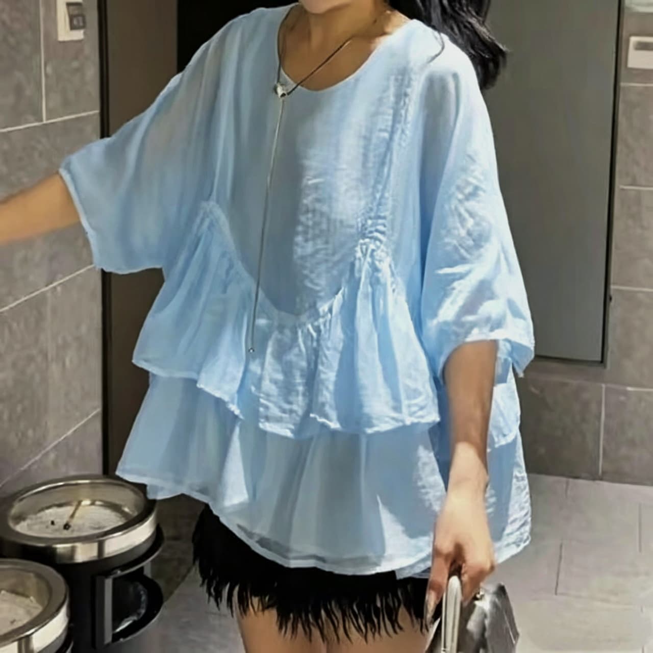 재고 있음 빅 사이즈 프랑스식 프릴 5 점 소매 셔츠 여름 지방 mm 한 부서 광장 칼라 루즈핏 인형 셔츠 쉬폰 톱 상세 이미지 9