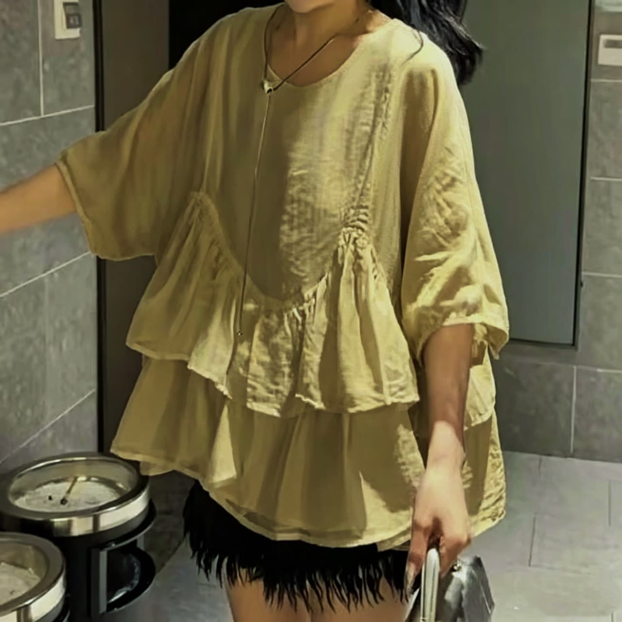 재고 있음 빅 사이즈 프랑스식 프릴 5 점 소매 셔츠 여름 지방 mm 한 부서 광장 칼라 루즈핏 인형 셔츠 쉬폰 톱 상세 이미지 10
