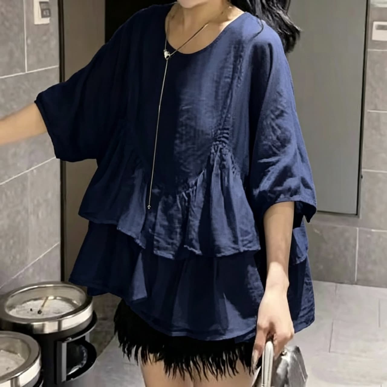 재고 있음 빅 사이즈 프랑스식 프릴 5 점 소매 셔츠 여름 지방 mm 한 부서 광장 칼라 루즈핏 인형 셔츠 쉬폰 톱 상세 이미지 11
