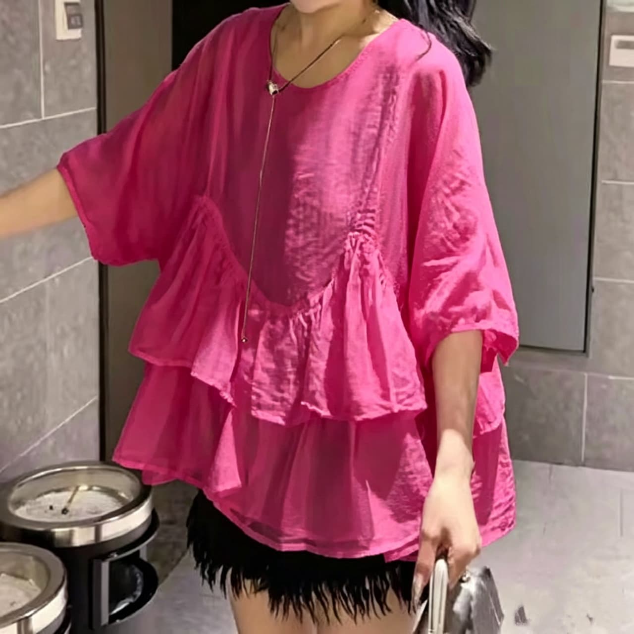 재고 있음 빅 사이즈 프랑스식 프릴 5 점 소매 셔츠 여름 지방 mm 한 부서 광장 칼라 루즈핏 인형 셔츠 쉬폰 톱 상세 이미지 12