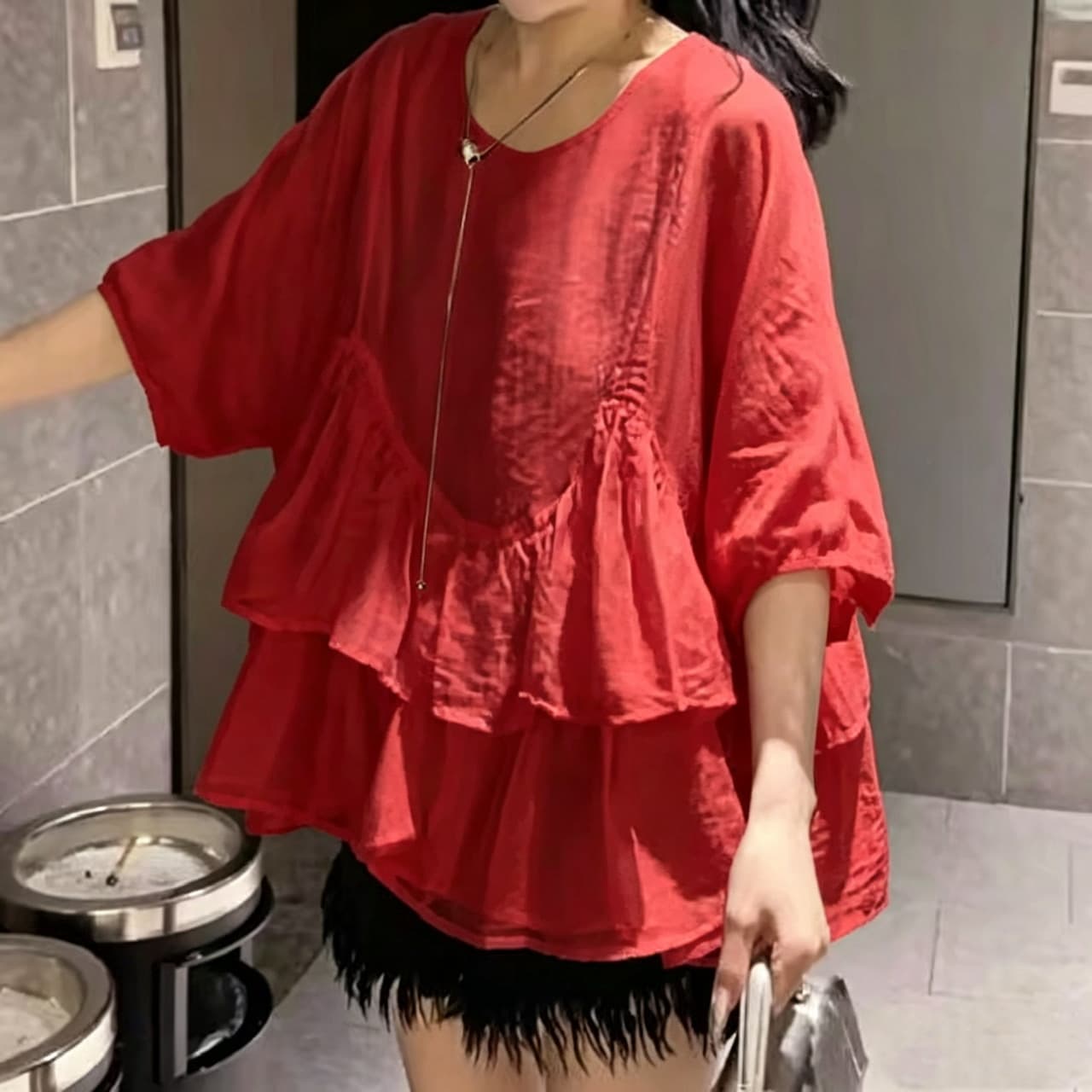 재고 있음 빅 사이즈 프랑스식 프릴 5 점 소매 셔츠 여름 지방 mm 한 부서 광장 칼라 루즈핏 인형 셔츠 쉬폰 톱 상세 이미지 13